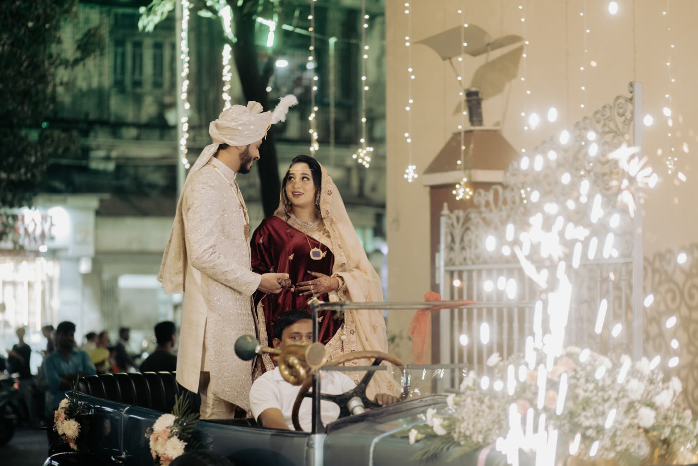 A groom arriving in warm light